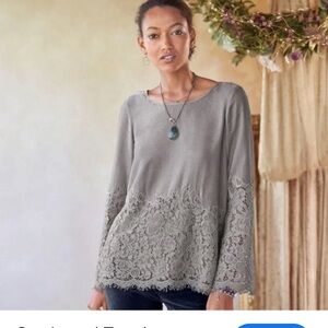 Sundance Soft Dove Gray Velvet and Lace Silk Blend Long Sleeve Romantic Top XL